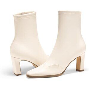 New Ankle Boots Chunky Heel Square Toe Beige Side Zipper Booties for Women
